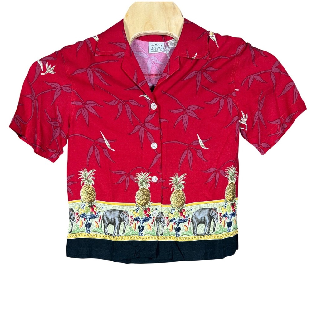Weekend Clothes Line Button-Down Women M Red Elephant Pineapple Tropical Top